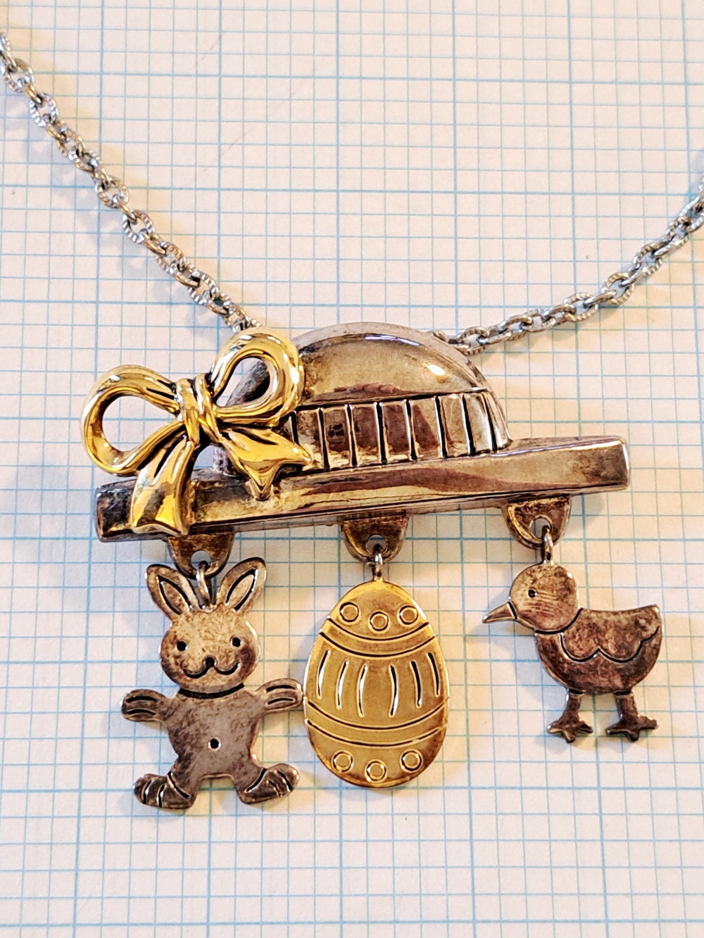 Two-Tone Easter Charm Necklace with Bunny, Egg & Chick Brooch Pendant
